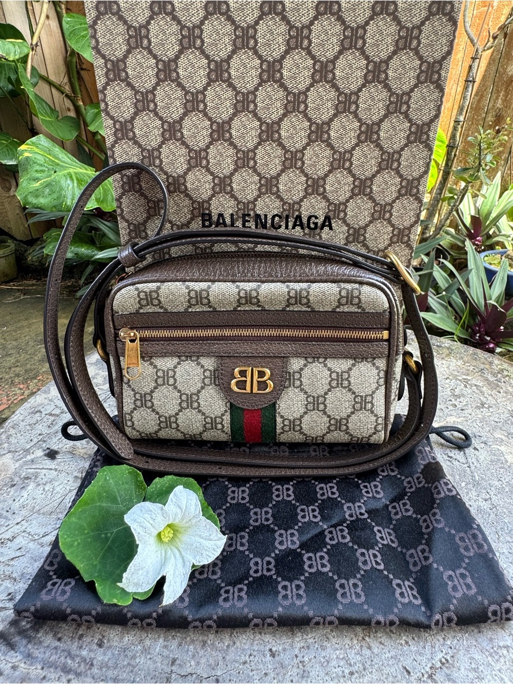 Balenciaga Beige Brown Monogram Crossbody Bag with Green Red Stripe